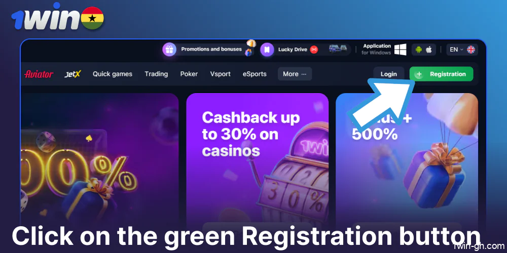Click on the green Registration button on 1win