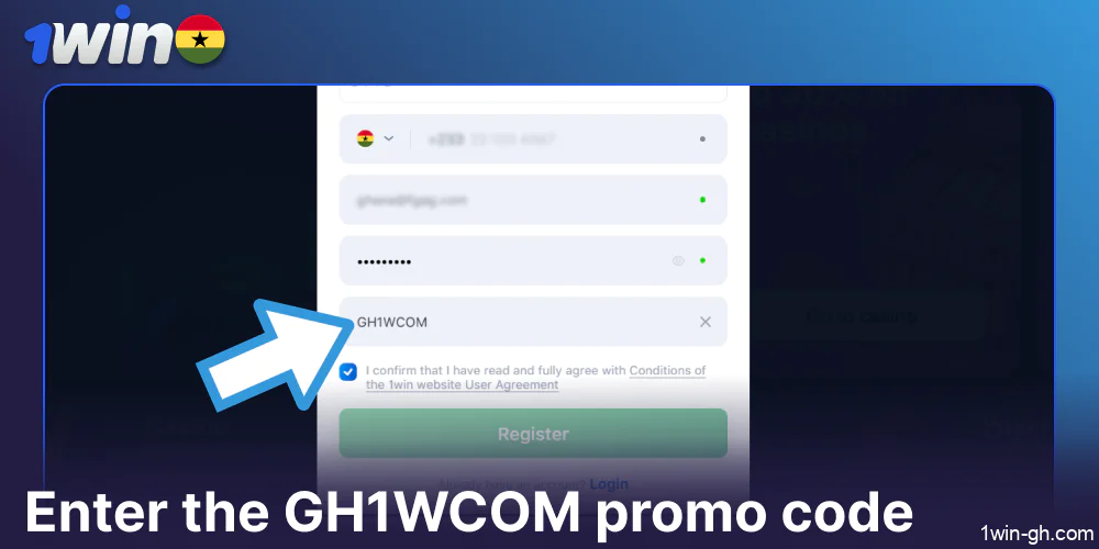 Enter the GH1WCOM promo code on the 1win website