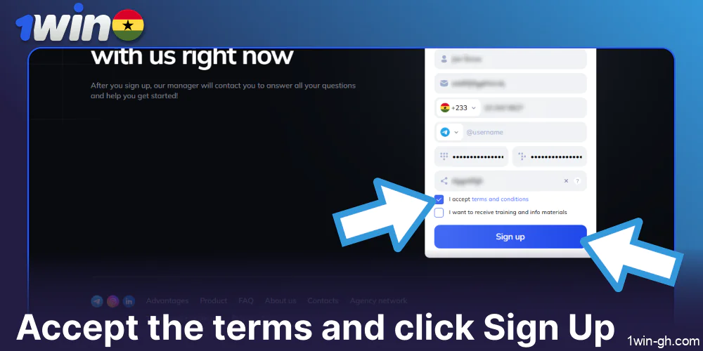 Accept the terms and click Sign Up on 1win