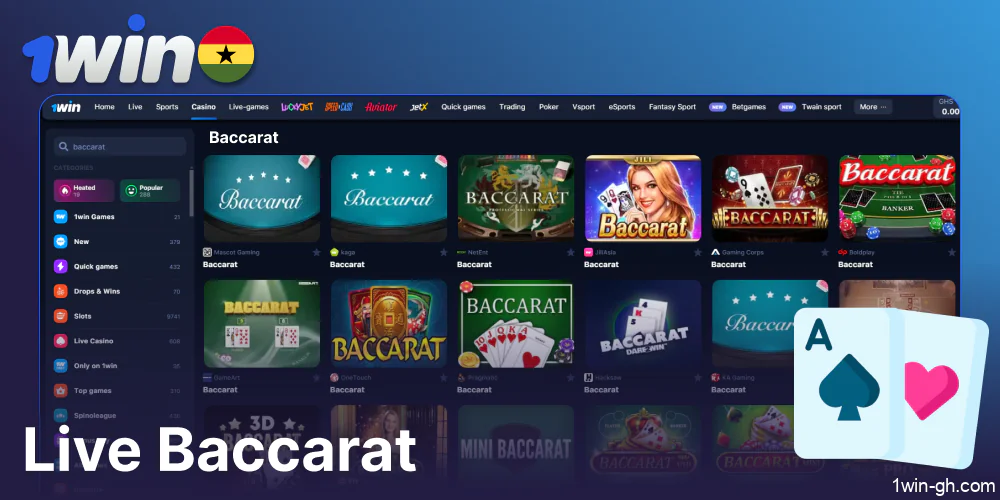 Live Baccarat games presented on 1win Ghana